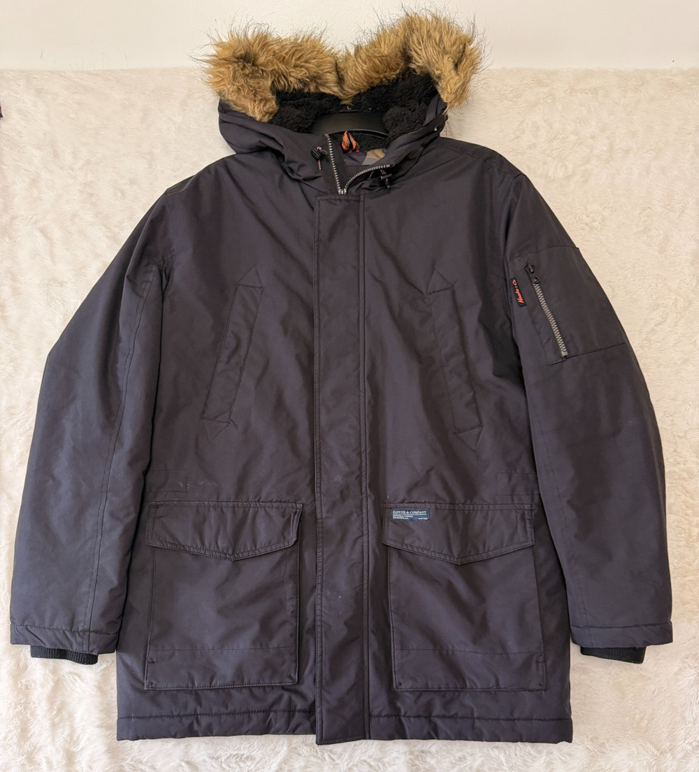 Hawke & Co Outfitter Mens Size M Black Heavy Winter Parka Coat Faux Fur Hood